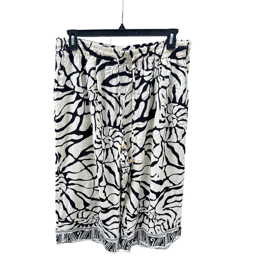 Rachel Zoe Women 2X Linen Blend Wide Leg Crop Pants Black White Shell Print NWT